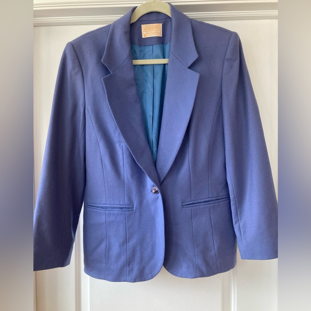 VTG Pendleton Women's Blazer Sz 8 Gray LT Blue Virgin Wool Padded Shoulders USA
